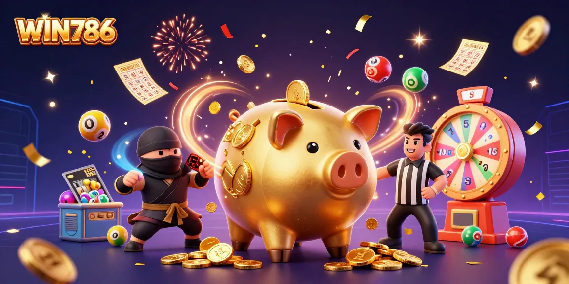 WIN786 engages players in a dynamic gaming scene filled with colorful lottery balls and golden rewards.