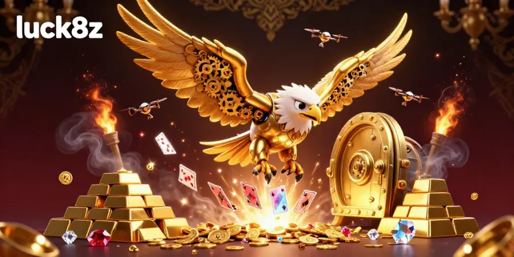 Experience excitement with luck8z as a golden eagle dives through playing cards amidst treasures in a casino-themed illustration.
