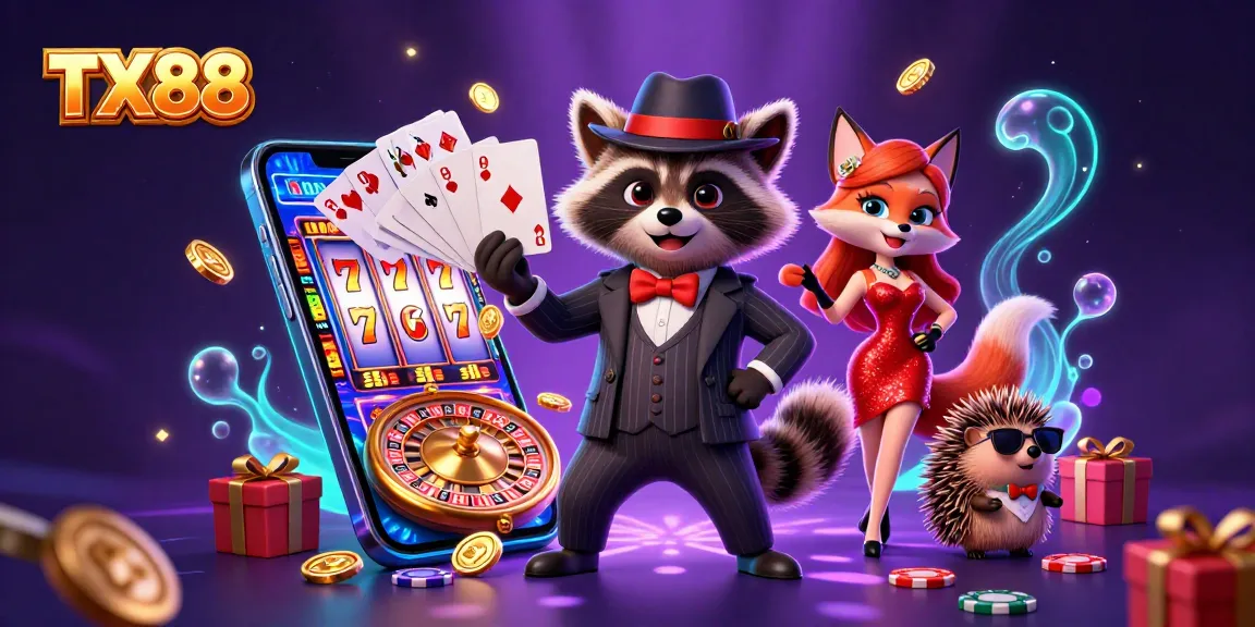 Win big with TX88 in an exciting slot game featuring colorful characters, vibrant casino elements, and dynamic action.