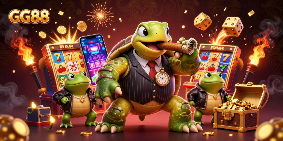 GG88 showcases a vibrant casino scene with a snapping turtle in a stylish mobster suit and colorful slot machine elements.