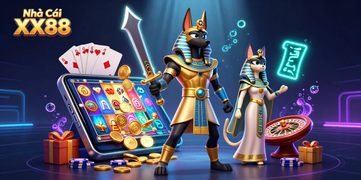 Play exciting games at Nhà Cái XX88 with Anubis and Bastet surrounded by casino elements.