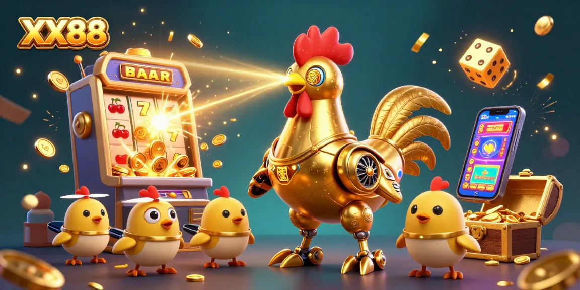 Experience thrilling gameplay with XX88, showcasing a golden rooster robot and vibrant casino elements.