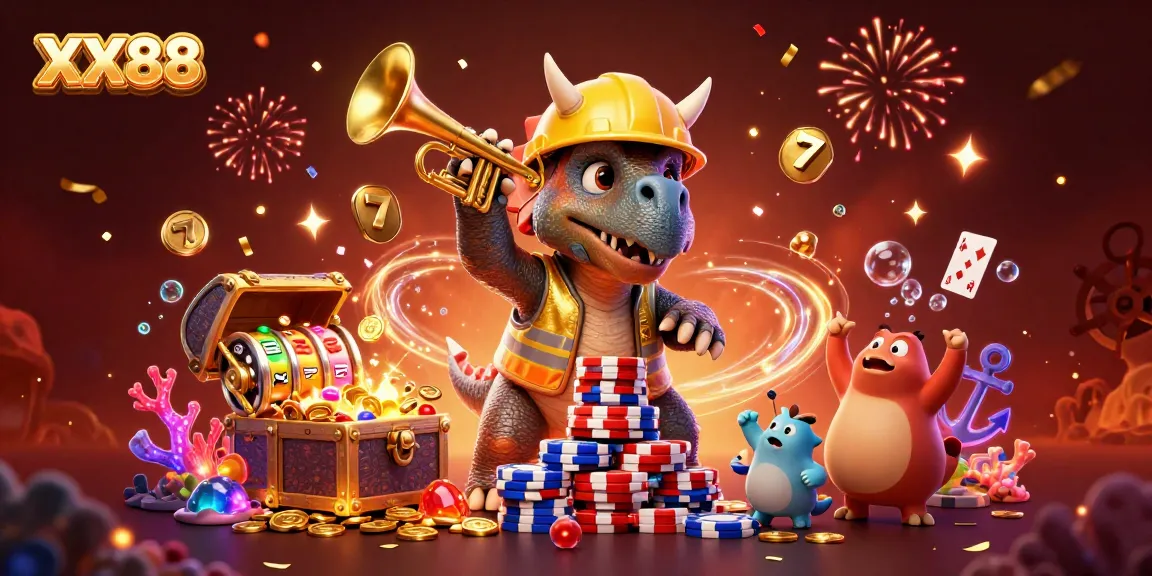Experience the excitement of XX88 with a celebratory 3D scene featuring vibrant casino elements.