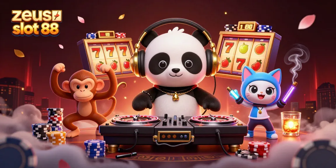 Spin to win with zeus slot 88 amidst a lively casino scene featuring vibrant characters.