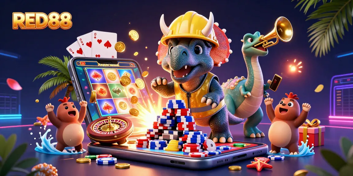 Celebrate winnings at RED88 with a vibrant scene featuring a triceratops and casino elements.