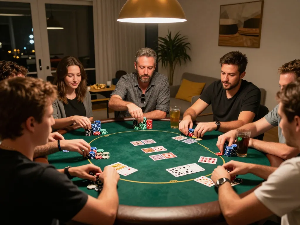 Players enjoy Texas Hold'em during a TR88 home poker night filled with excitement and strategic gameplay.