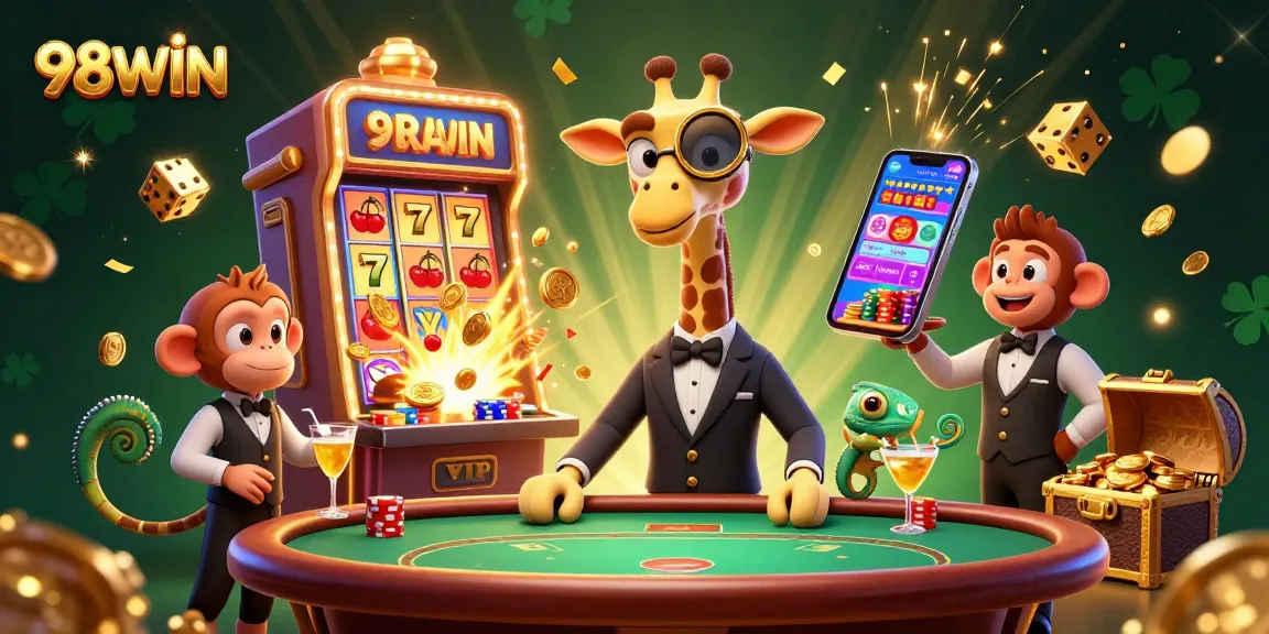 Experience the thrill of 98WIN casino with high-roller characters at a lively gaming scene.