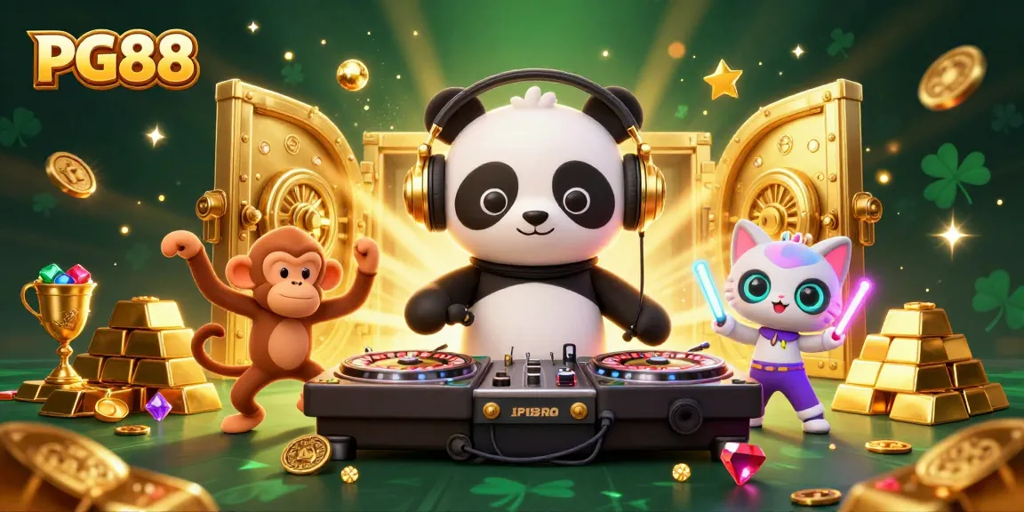PG88 brings excitement to gambling with a DJ panda, dancing monkey, and glowing kitten in a vibrant casino scene.