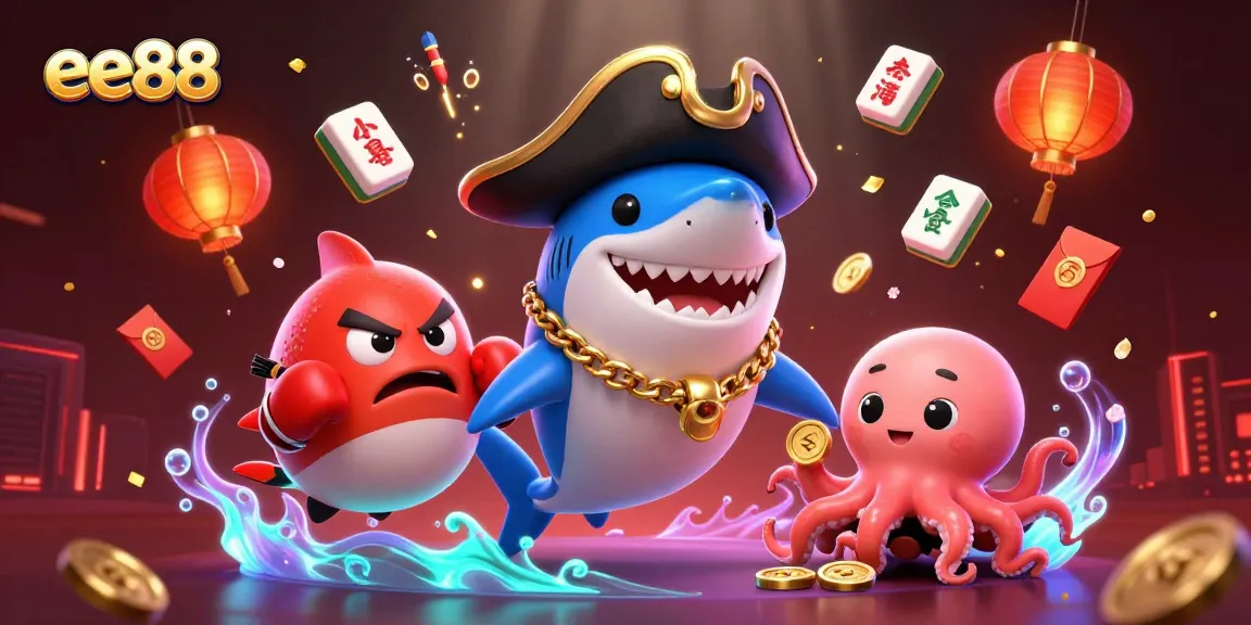 Engage with ee88's thrilling gaming adventure featuring a pirate shark, pufferfish, and octopus amidst vibrant casino elements.