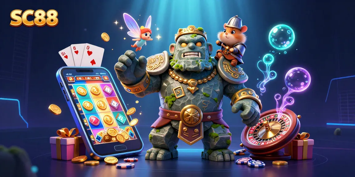 Engage with SC88's exciting slot games featuring a vibrant 3D illustration of magical characters and dynamic casino elements.