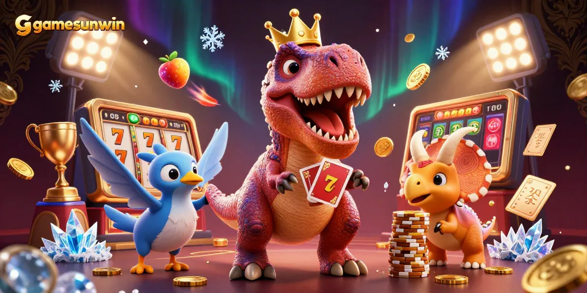 Experience diverse gaming excitement with gamesunwin featuring a T-Rex shuffling cards, and a playful casino scene.