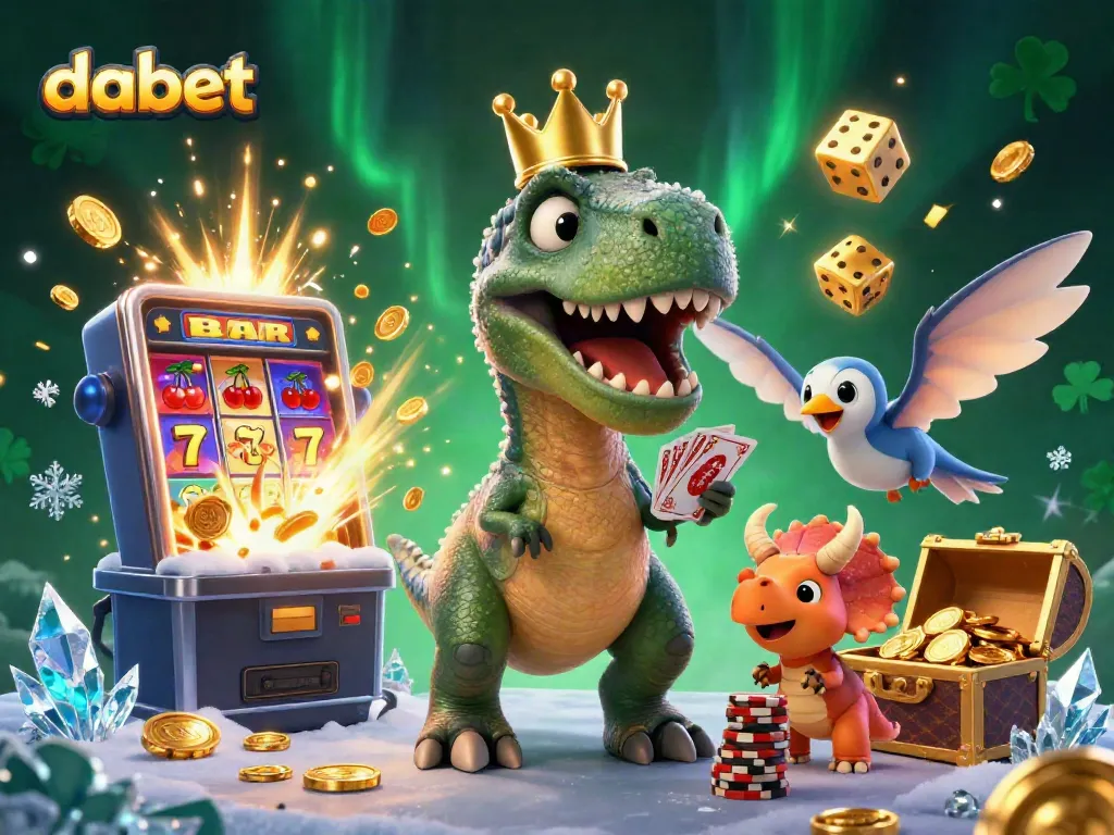 Dabet casino fun with T-Rex cards and chips illustration, showcasing exciting slot machine action.