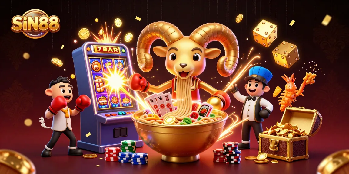 SIN88 casino excitement with a golden ramen bowl character in vibrant 3D illustration