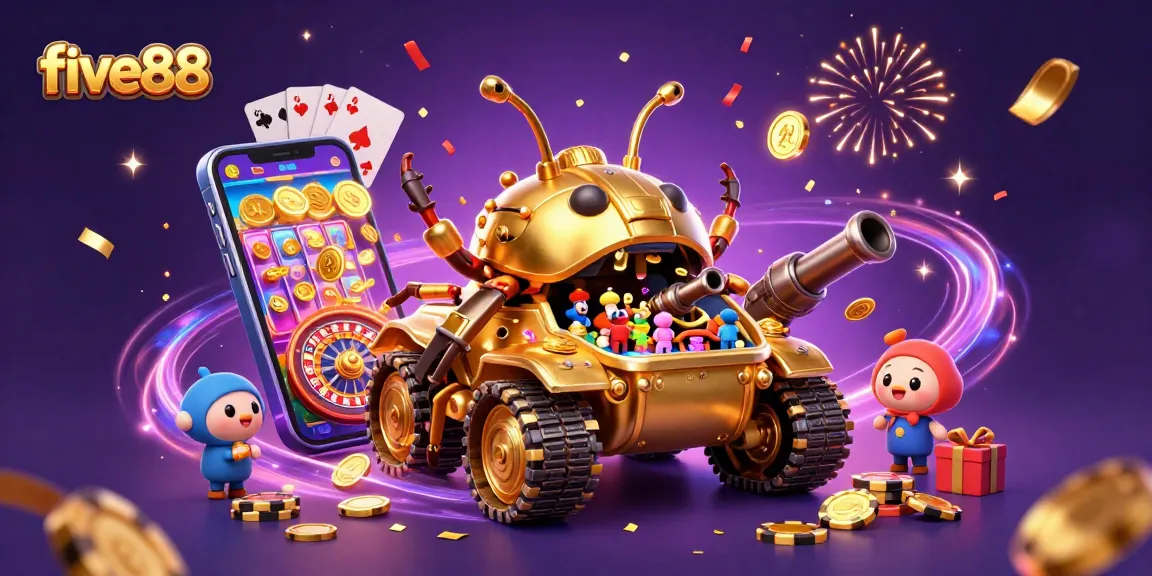 Experience the excitement of five88 with golden casino elements and vibrant confetti.
