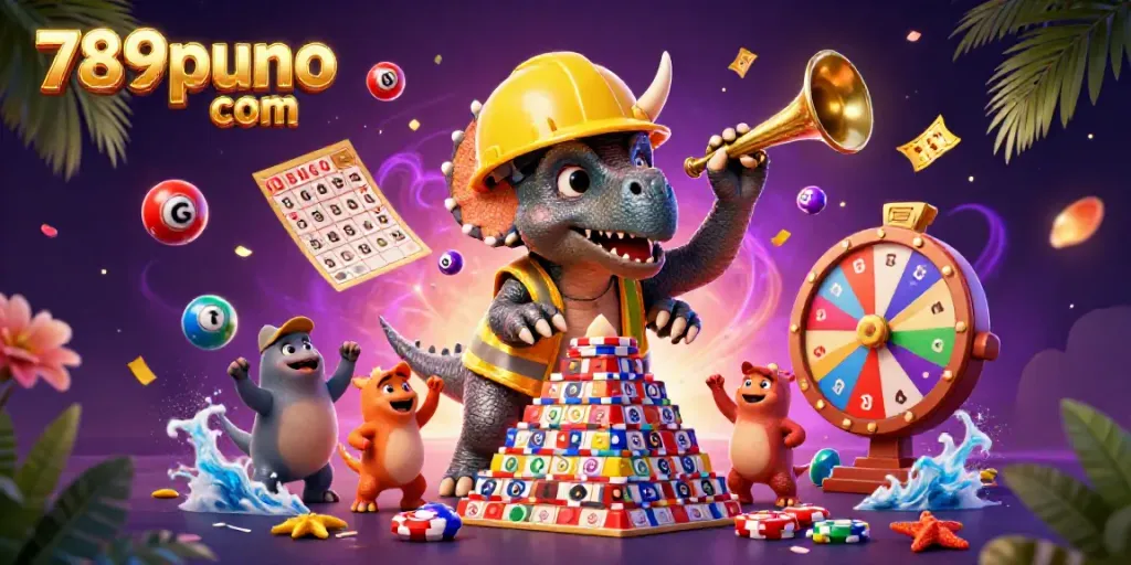 Join the excitement at 789puno com with a dynamic celebration of casino gaming through vibrant characters and lottery elements.
