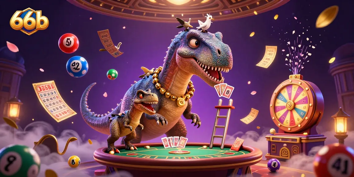 66b features a whimsical casino scene with a brontosaurus, raptor, and animated elements.
