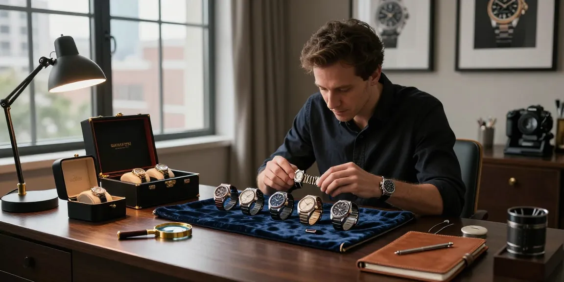 Replica watches displayed elegantly on a velvet cloth in a stylish home office.
