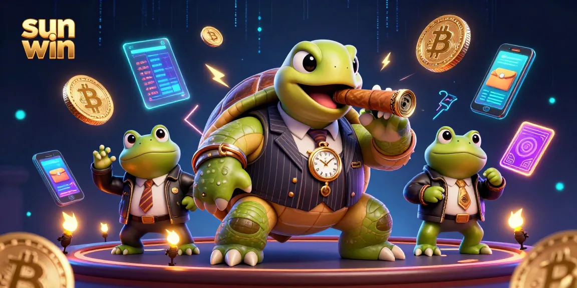 Experience thrilling games at sun win with a dynamic scene featuring a turtle mobster and bullfrog enforcers.