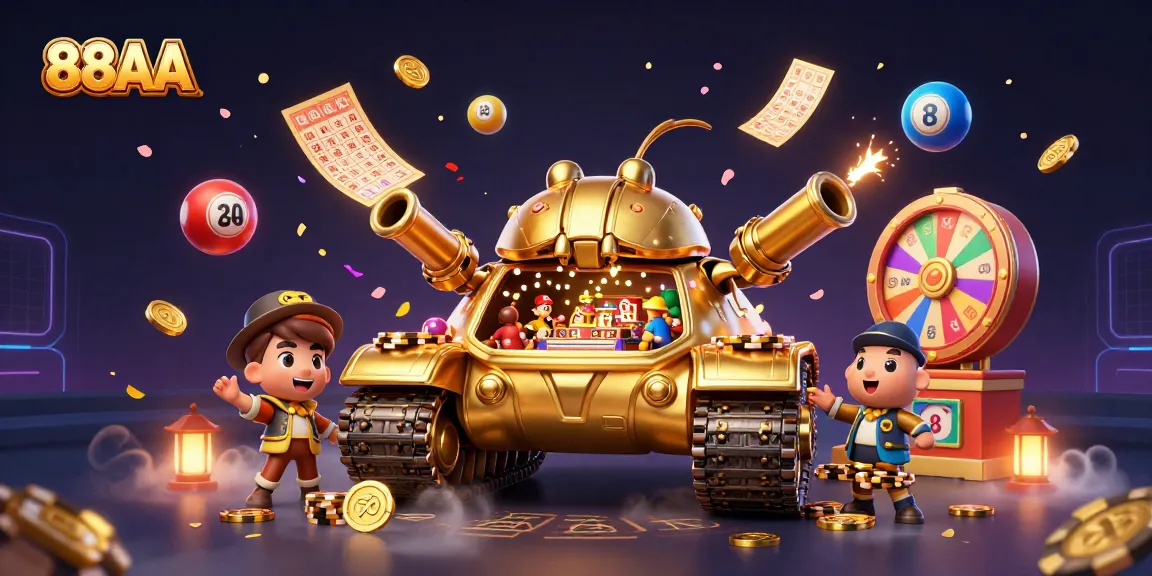 Spin to win at 88AA with a vibrant casino scene featuring a golden beetle tank, confetti, and dynamic game elements.