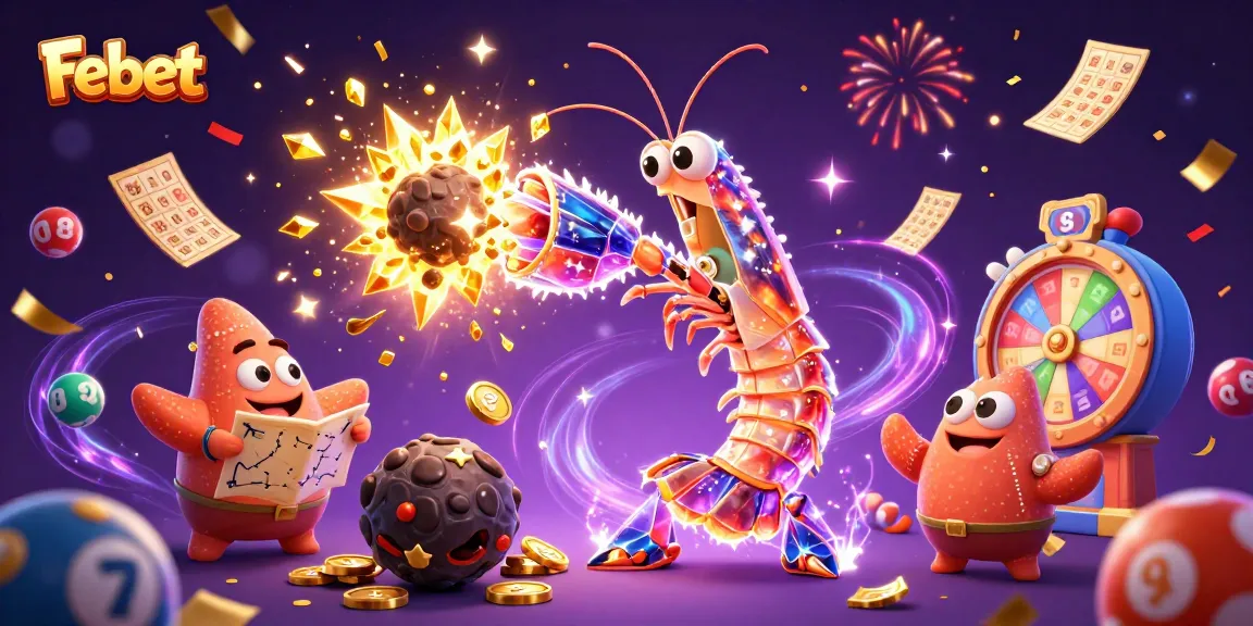 Febet offers thrilling lottery experiences with colorful balls bouncing dynamically amidst gold coins and excitement.