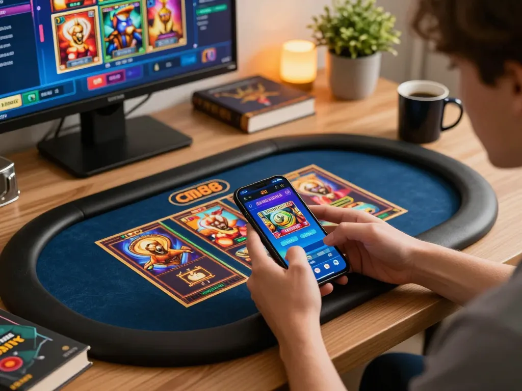 Engaging in online gambling with the cm88 casino app at home, highlighting strategic gameplay.
