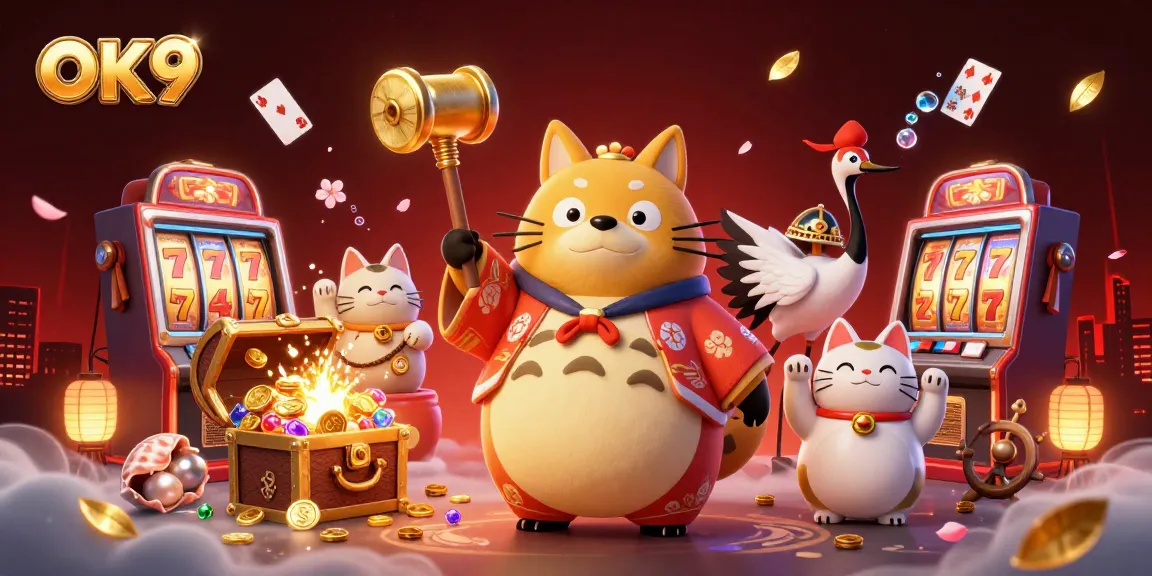 Engage in winning strategies at OK9 with vibrant casino elements and cheerful characters.