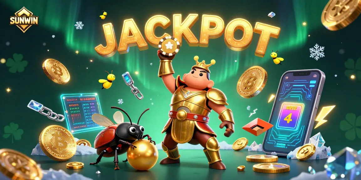 SUNWIN players winning big with a vibrant casino scene featuring cartoon beetles and crypto elements