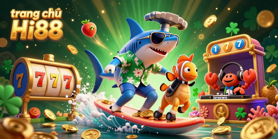 Experience winning excitement at trang chủ Hi88 with vibrant casino-themed illustration featuring playful characters and slot elements.