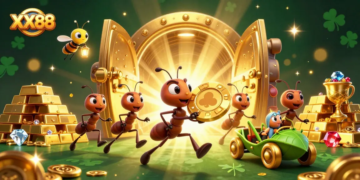 Navigate the exciting riches of XX88 with cartoon ants, golden treasures, and dynamic gambling action.
