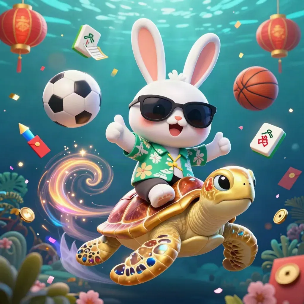 Lucky rabbit riding a jeweled turtle with casino icons and glowing underwater light