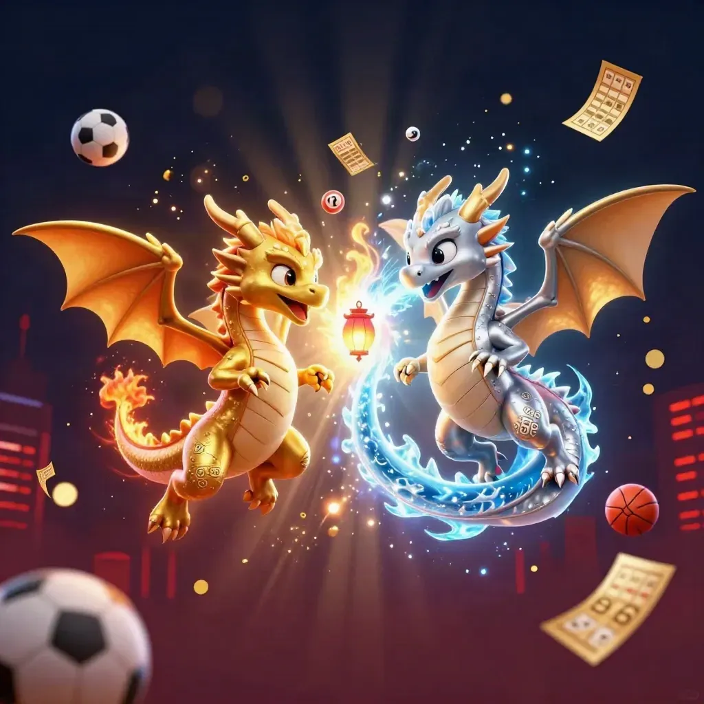 Twin gold and silver dragons spiral in a neon blast with lottery balls, tickets and sports icons.
