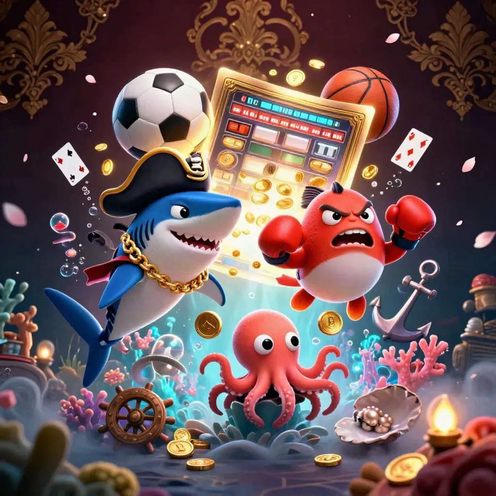 Pirate shark, boxing pufferfish and juggling octopus amid gold coins in a luxe underwater cove.