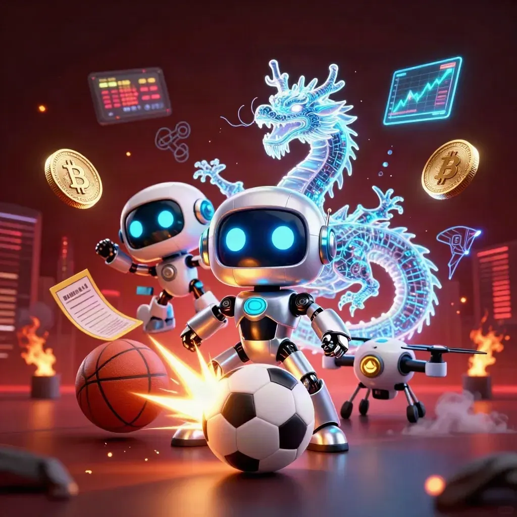 Cyberpunk robot, holographic dragon, and drone around a glowing soccer ball with neon casino effects.