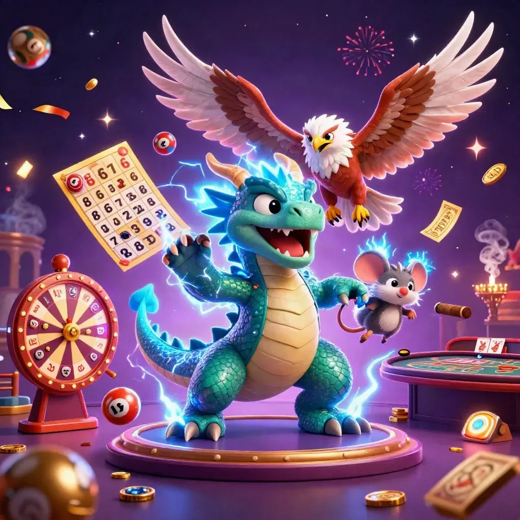 Thunder dragon, wind hawk and static mouse in a neon casino fantasy with roulette, cards and fireworks.