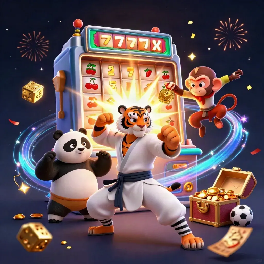 Kung-fu tiger, panda, and monkey amid casino symbols, gold, sparks, and neon magic.