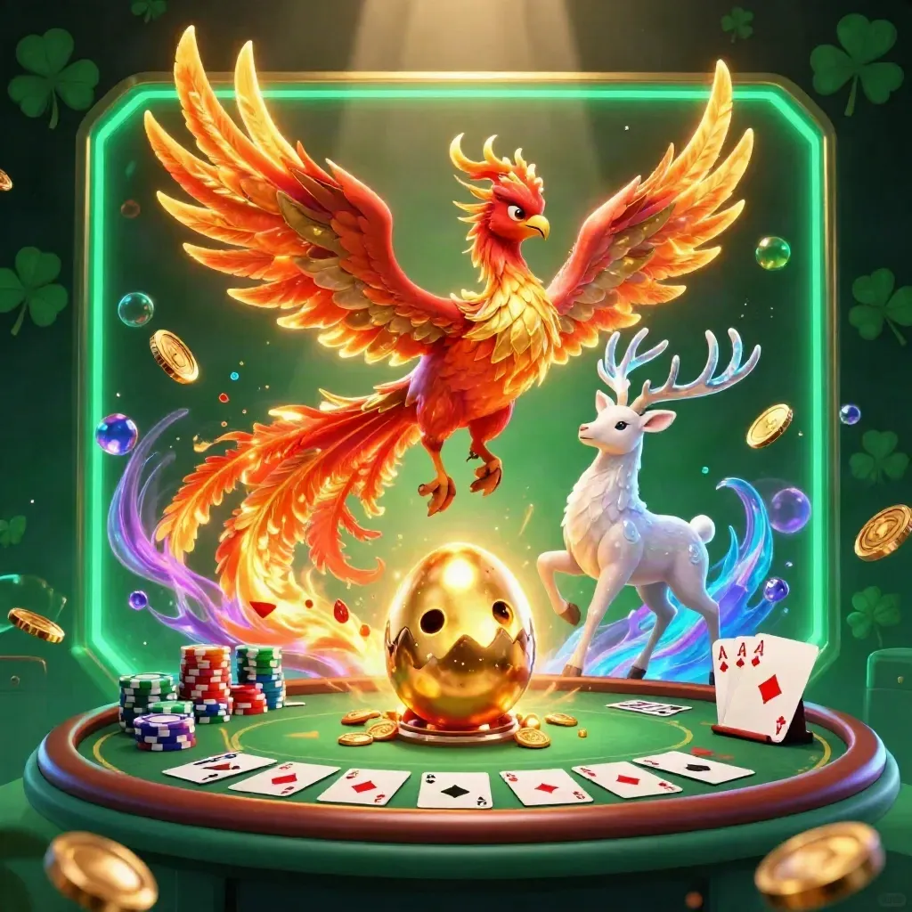 Phoenix, baby phoenix, and crystalline stag amid poker chips, aces, and emerald casino glow