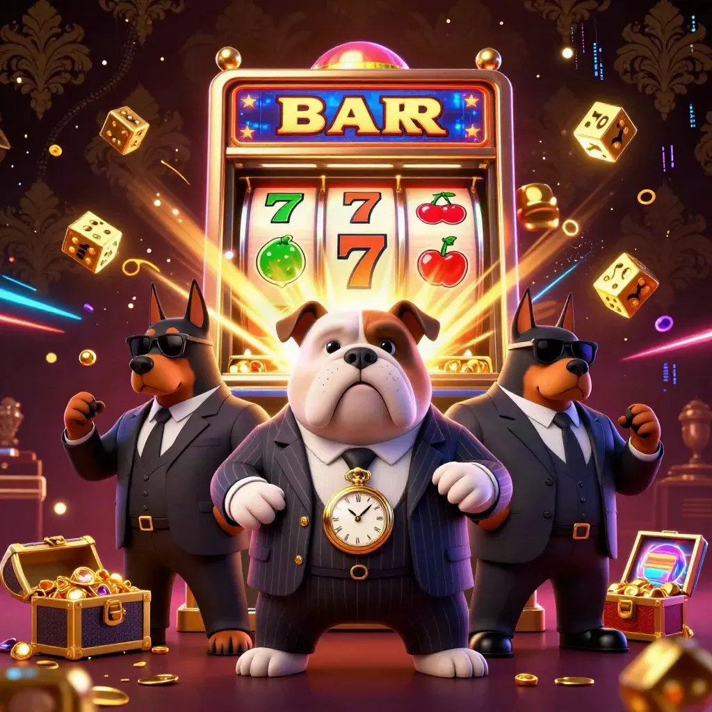 Mobster bulldog and two Dobermans amid exploding slots, gold, dice, and neon casino effects.