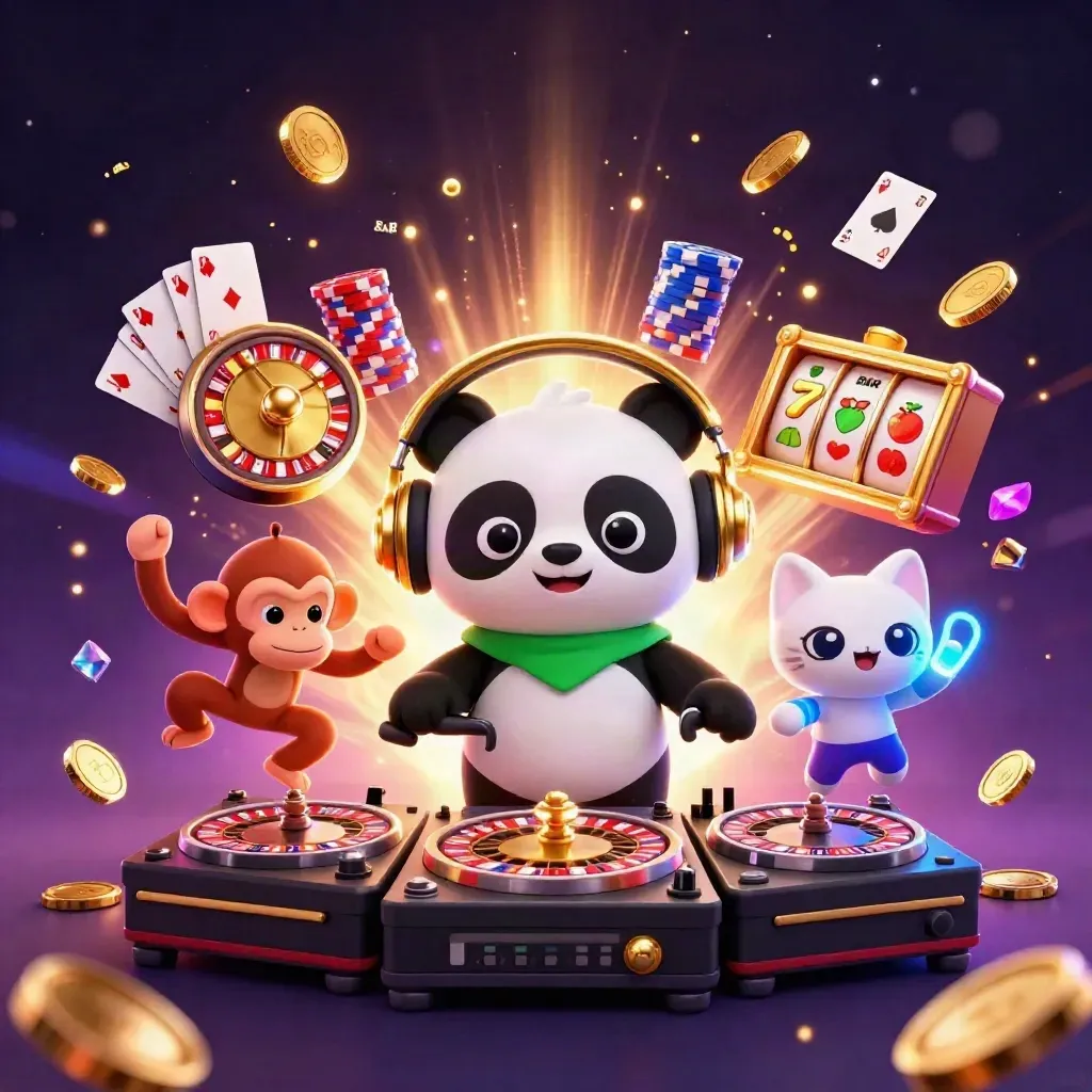 DJ panda, monkey, and glow-stick kitten amid casino treasure bursts in gold neon.