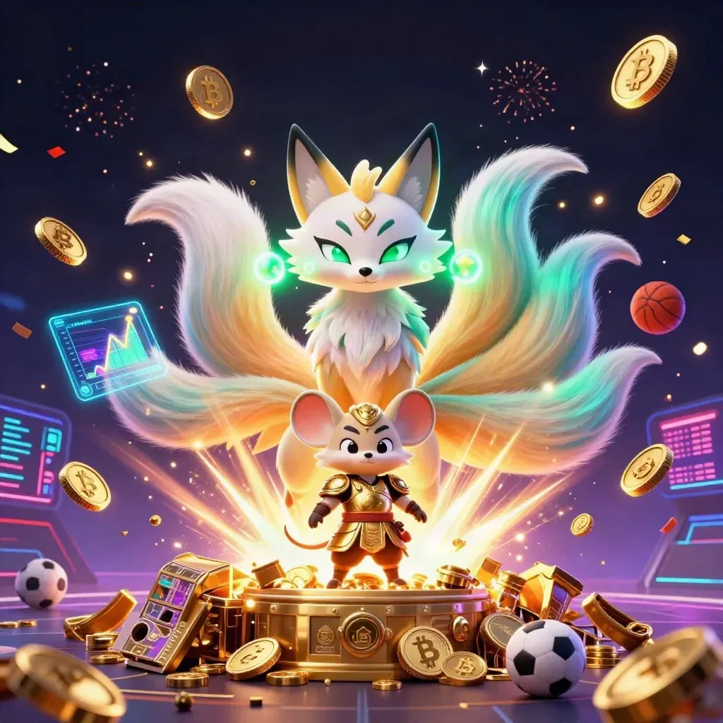 Nine-tailed fox spirit and golden samurai mouse erupting from treasure with coins and fireworks.