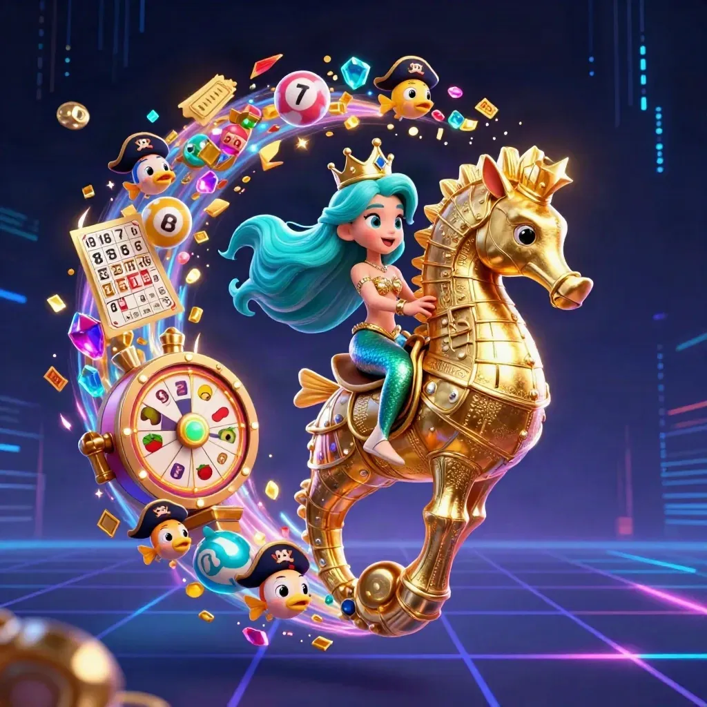Mermaid princess on armored seahorse with pirate fish amid casino loot bursts.