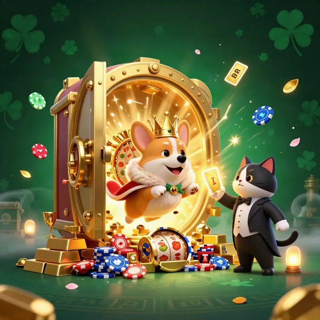 Royal corgi and cat butler amid vault treasure, gems, and casino flair