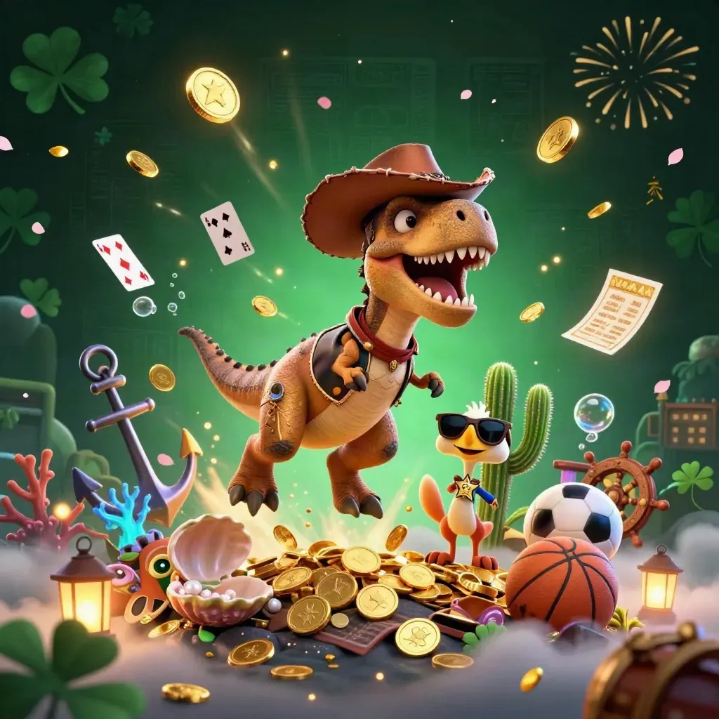 Cowboy T-Rex, cactus and roadrunner amid treasure coins, fireworks and casino neon.