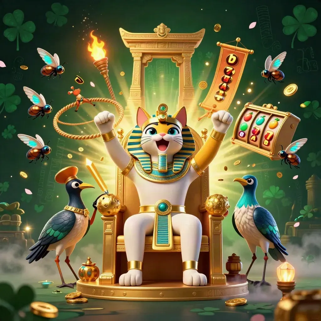 Pharaoh cat on golden throne with ibis scribe, scarabs, reels, coins, and neon casino glow.