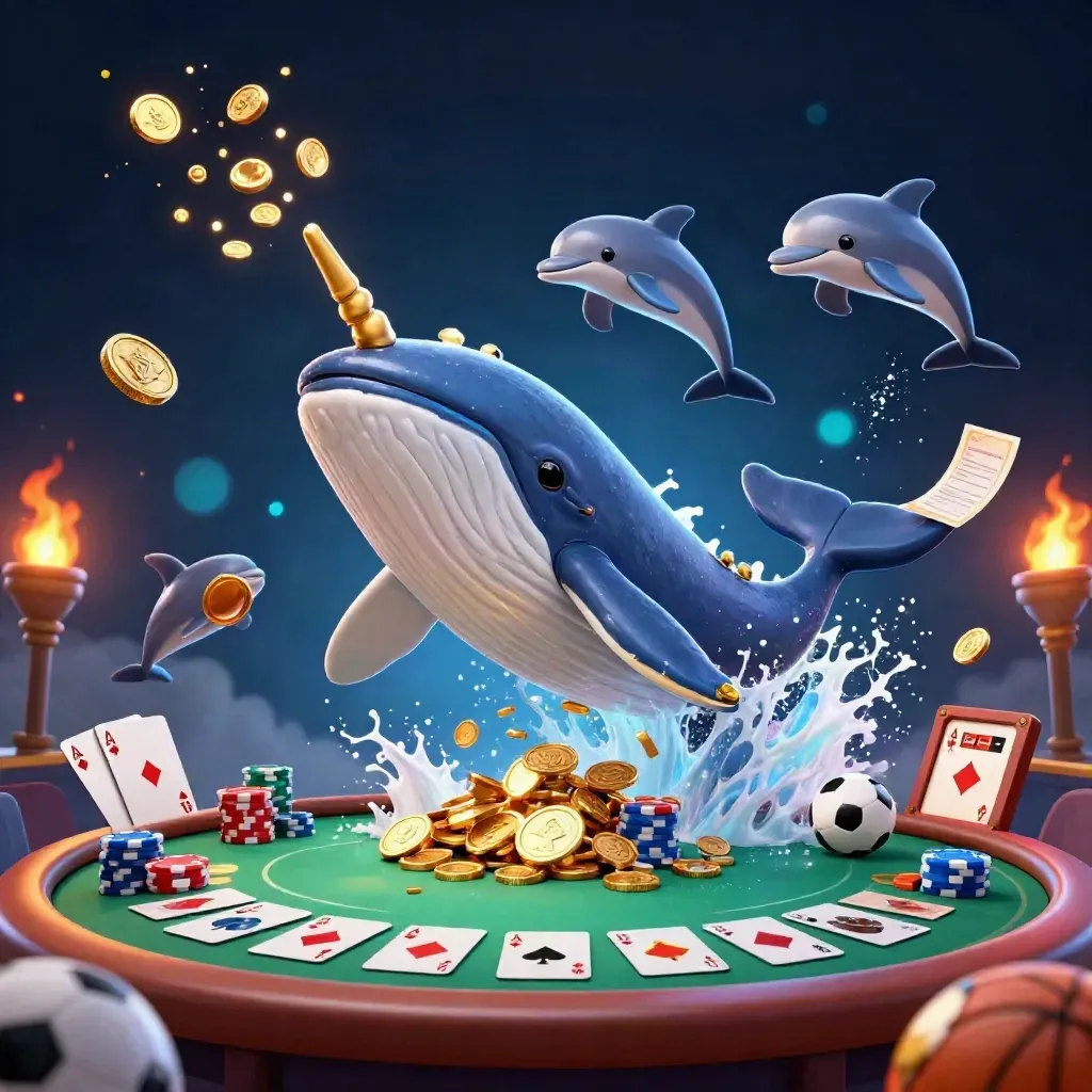 Whale captain, narwhal, dolphins, coins, chips, cards, and sports props explode in a premium casino scene.