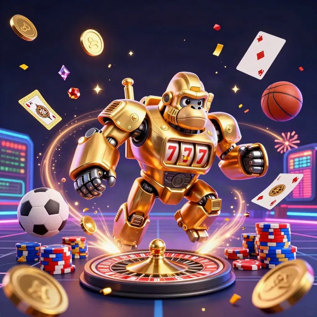 Golden gorilla mech and monkey pilot blast coins, gems, chips and sports bets in neon casino chaos
