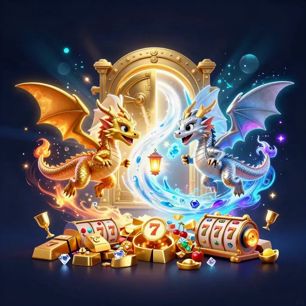 Two dragons form a yin-yang with vault treasure, reels, and glowing casino effects.