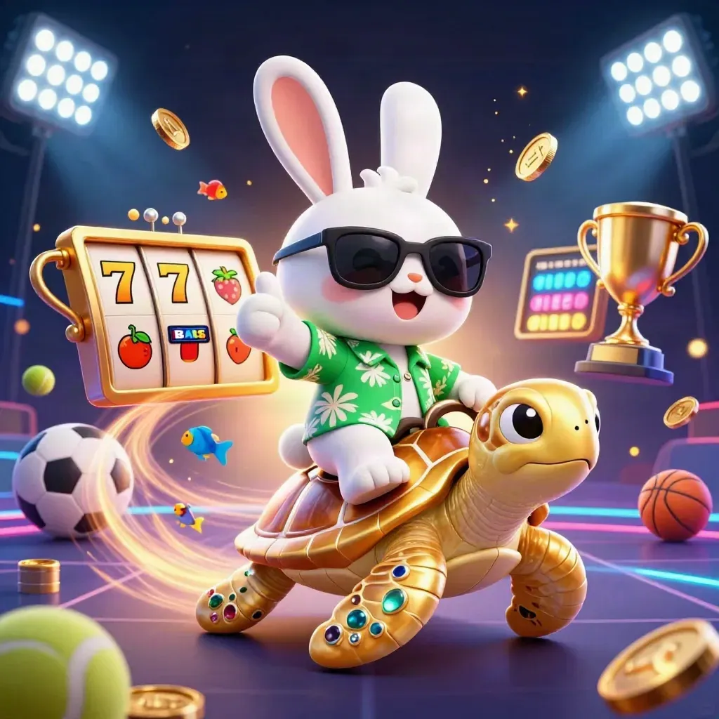 Lucky rabbit on a golden turtle with casino symbols, coins, and neon sports action