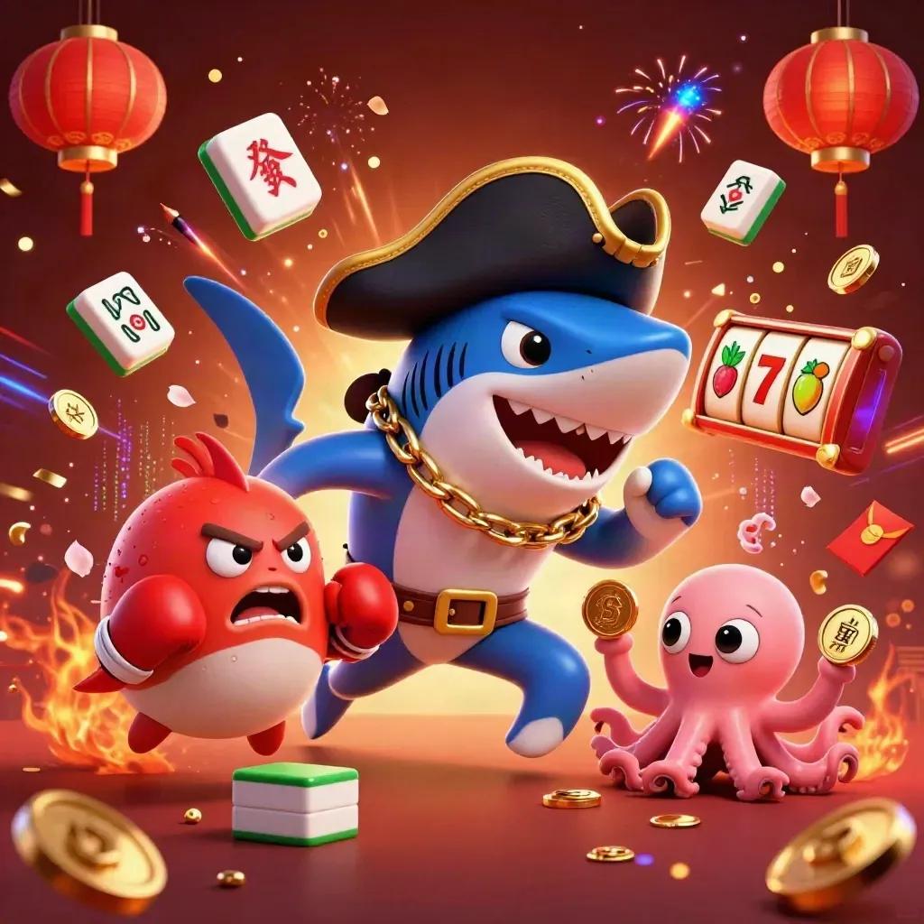 Pirate shark, boxing pufferfish, and coin-juggling octopus amid casino and festival effects.