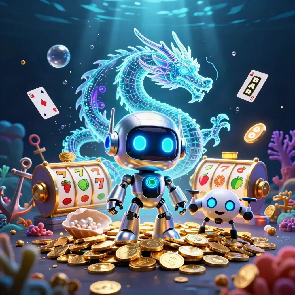 Robot, holographic dragon, and coin drone in a glowing underwater treasure cove with reels and gold.