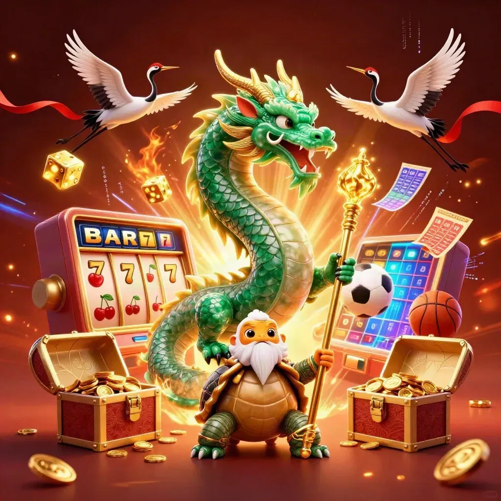Emerald dragon, turtle sage, and cranes amid slot machine gold, sports balls, and neon casino energy.